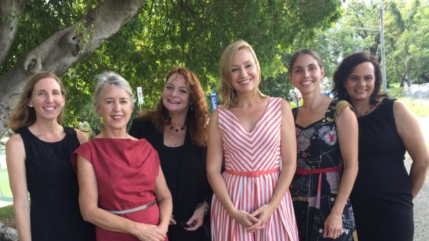 Green team: From left Kristen Lyons (Moreton candidate), Sandra Bayley (Ryan), Karen Anderson (Griffith), Senator Larissa Waters, Kirsten Lovejoy (Brisbane), Janine Kelly (Groom).