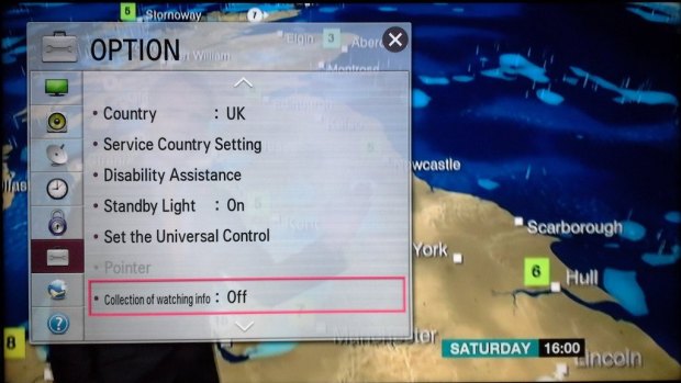  LG TV's system settings listing a "collection of watching info" option which is switched "on" by default.

