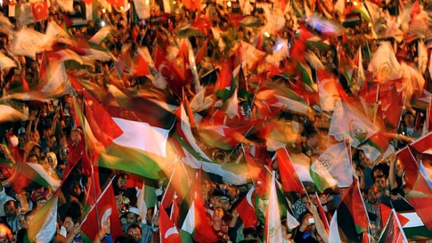 People wave Palestinian flags in support rally in Turkey.