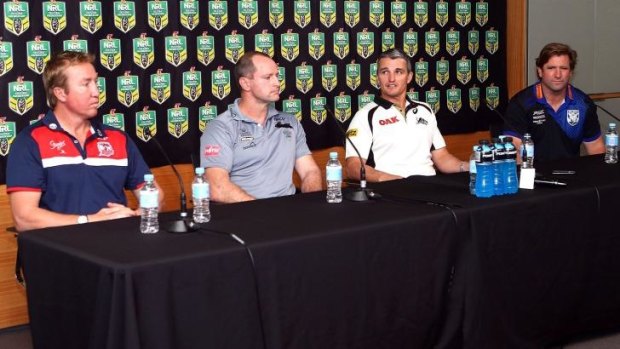 To the four: (Clockwise from main) Trent Robinson and Michael Maguire displayed signs of tension at yesterday’s coaches’ call, while Ivan Cleary and Des Hasler appeared far more at ease.