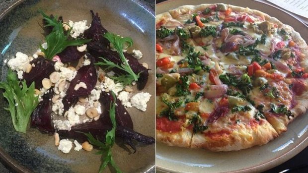 (L-R) Slow roasted baby beets and Persian ricotta and kale pizza.