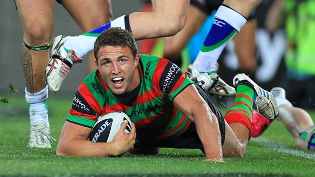 Renewed focus ... Souths' ball-playing forward Sam Burgess crosses for a try in Saturday night's semi-final win against Canberra. Souths meet the Bulldogs in a preliminary final on Saturday.