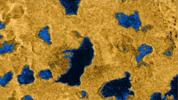 This radar image, released by NASA in 2007, shows what scientists believe to be sea-size bodies of liquid, shown in blue, on the surface of Saturn's largest moon Titan. 