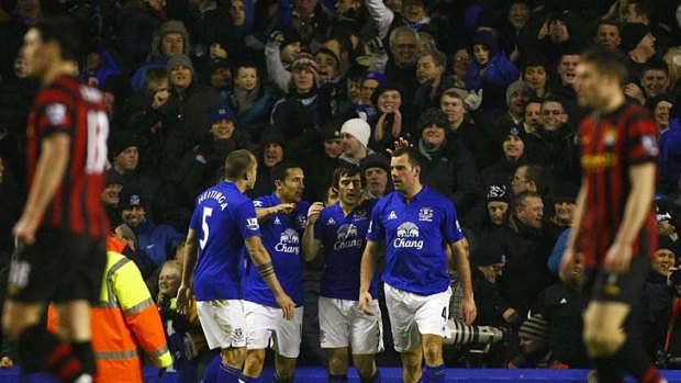 Hot shot: Everton's Darron Gibson (second right) celebrates.