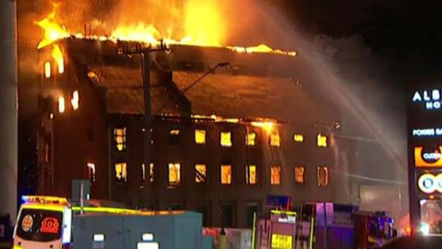The historic Albion flour mill in flames on Wednesday morning.