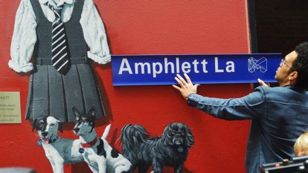 Charley Drayton at the opening of Amphlett Lane, named after rock singer Chrissy Amphlett. 