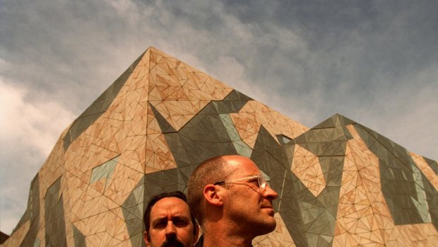 Federation Square architects, Don Bates, rear, and Peter Davidson with their handiwork.