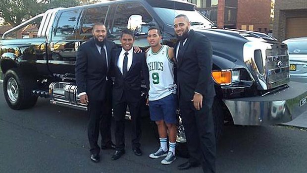 Rollin’ ... After claiming the minor premiership, Canterbury trio Frank Pritchard, Ben Barba and Sam Kasiano posed with a fan before taking this imposing truck to the Dally M awards. In the type of vehicle NBA and NFL players can be spotted in, the Bulldogs stars would have turned heads.