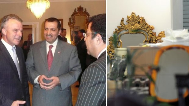 Photo from the Syrian embassy website on the left shows Brendan Nelson, then opposition leader, at the embassy, with a mirror in the background. An identical mirror can be seen in the Phillip shop, right. <i>Right</i>