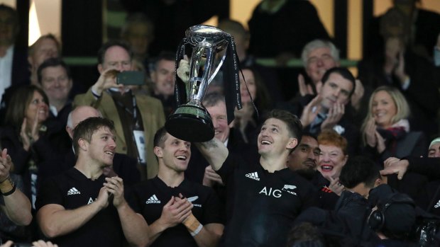 Another trophy: New Zealand's Beauden Barrett lifts the Killip Cup.
