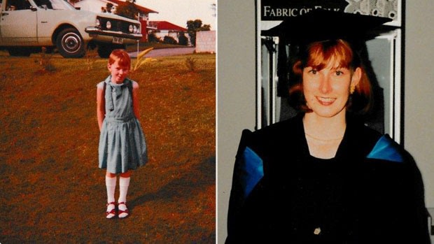 Leigh Sales, left, in front of her dad's Holden Belmont, and right at her graduation from QUT. 