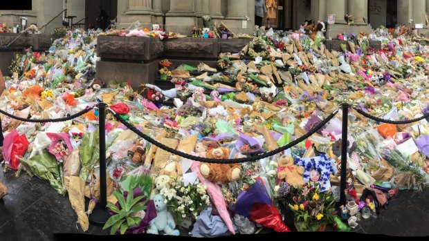 Tributes to victims at the shrine in Bourke Street Mall in 2017. 