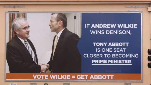 The Labor Party billboard that independent candidate for Denison Andrew Wilkie wants removed.
