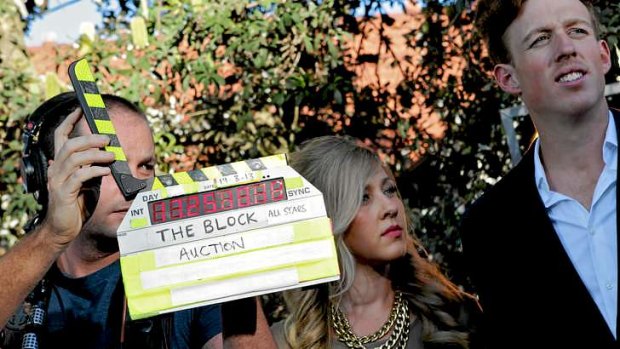 <i>The Block: All Stars'</i> Josh Densten and Jenna Whitehead during filming of the season finale's auction in Bondi.