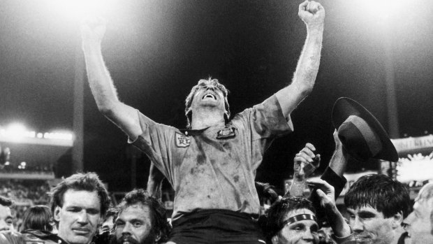 Magic moment: Steve Mortimer is hoisted by teammates after NSW won State of Origin in 1985.