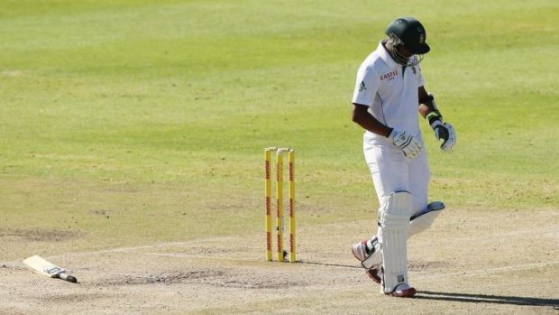 Vernon Philander of South Africa walks away injured after being given out caught at short leg during the tense final in the series against Australia. The decision was controversially overruled by the third umpire.