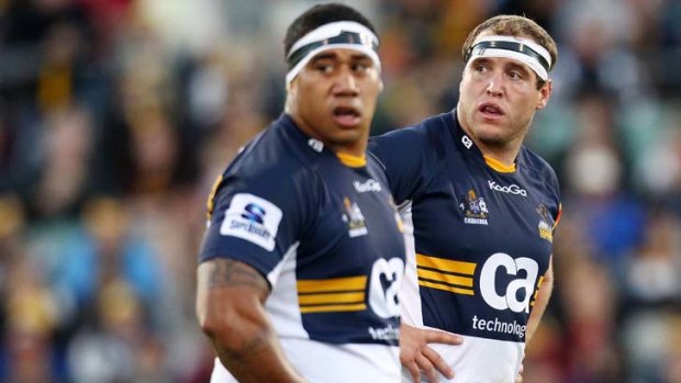Waiting in the wings ... Salesi Ma'afu and Ben Alexander of the Brumbies.