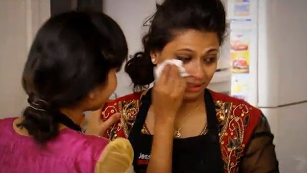 <i>My Kitchen Rules</i> contestants Jessie and Biswah get teary after their dishes don't earn rave reviews from the judges.
