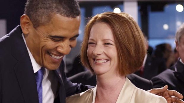Barack Obama and Julia Gillard during a working lunch at the G20 summit in Cannes.