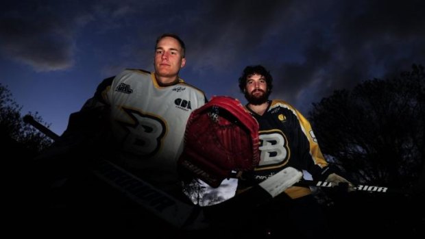 Canberra Brave ice hockey players: goalkeeper Petri Pitkanen and Mathieu Ouellette.