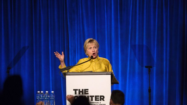Former Secretary of State Hillary Clinton speaks after accepting the Trailblazer Award during the LGBT Community Centre Dinner at Cipriani Wall Street.