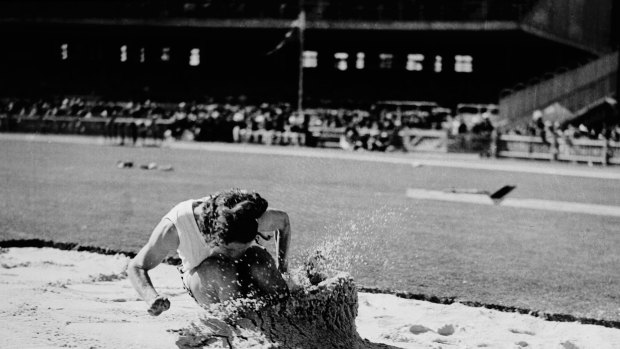 Decima Norman in the long jump competition at the 1938 Empire Games. The Western Australian won five gold medals when the athletics competition was held at the SCG.