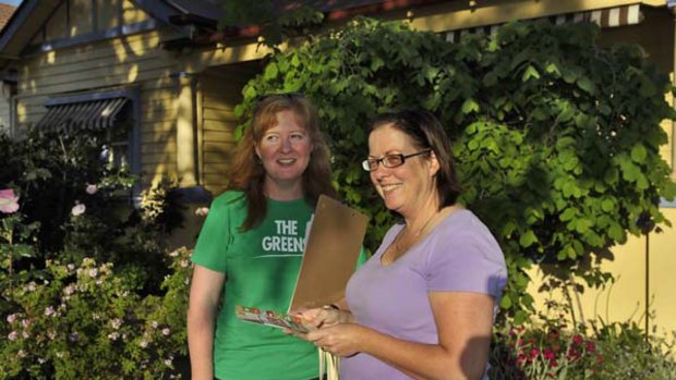 Brunswick Greens candidate Cyndi Dawes finds a supporter in teacher Judi Tarn.