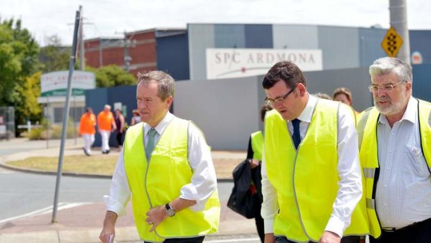 Leader of the federal Labor party, Bill Shorten, Victorian Labor leader Daniel Andrews and Senator Kim Carr visit the SPC Ardmona factory in Shepparton.