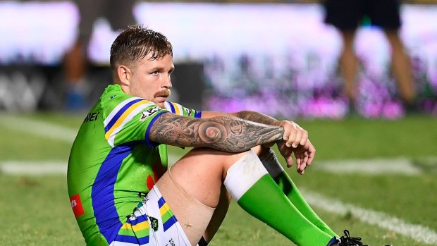 Blake Austin of the Raiders looks dejected after losing the round one NRL match.