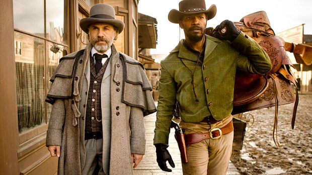 Christoph Waltz and Jamie Foxx in a scene from <i>Django Unchained</i>.