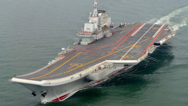Chinese aircraft carrier Liaoning cruising for a test on the sea.