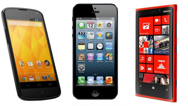 Shoot-out ... from left: Google's Nexus 4, Apple's iPhone 5, and Nokia's Lumia 920.