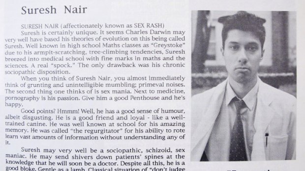 A copy of negligent neurosurgeon Suresh Nair's entry from his Sydney University year book.