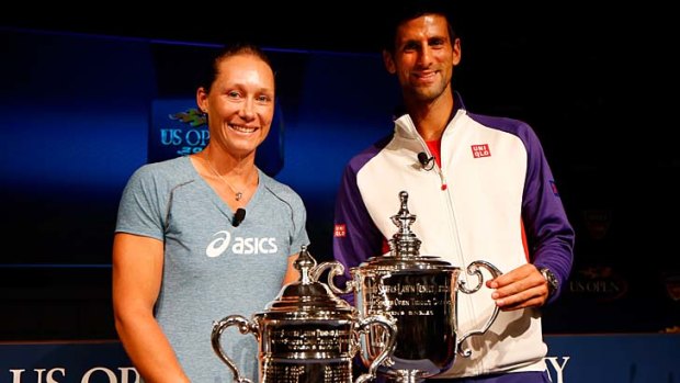Defending US Open champions Novak Djokovic (R) of Serbia and Samantha Stosur (L) of Australia at the US Open draw.