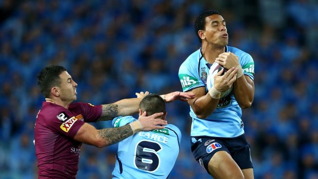 Origin class: Will Hopoate takes a high ball during game one of the 2015 State of Origin series.