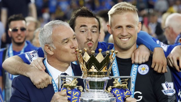 New challengers: Claudio Ranieri, Christian Fuchs and Kasper Schmeichel of Leicester City.