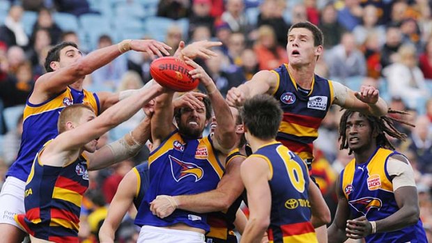 Birds of prey: A big pack forms as Eagles' and Crows' big men fly during West Coast's thumping of Adelaide at AAMI Stadium yesterday.