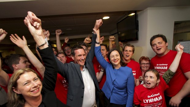 Victorious Labor candidate Anthony Lynham with jubilant Opposition Leader Annastacia Palaszczuk celebrating victory in the Stafford by-election.