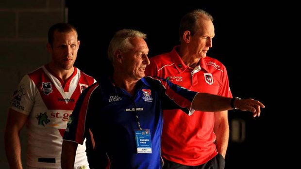 This way ... Wayne Bennett at Newcastle after last week's win by the Dragons. The supercoach will be a fixture in the city after choosing the Knights over the Rabbitohs.