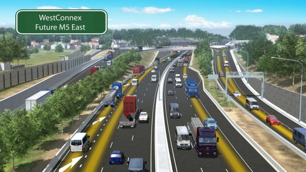 An artist's impression of planned upgrades to the WestConnex motorway: M5 East and King Georges Road interchange in Beverly Hills.