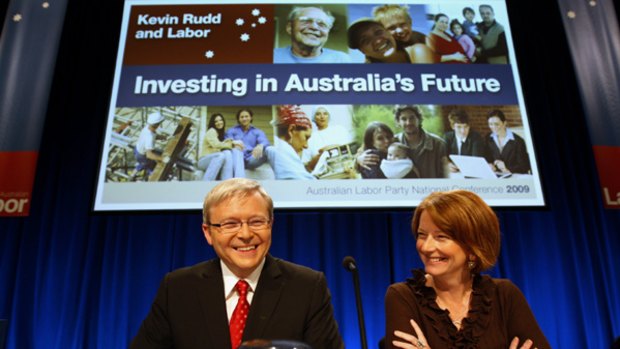 High on rhetoric ... Kevin Rudd and Julia Gillard at the national Labor conference yesterday.