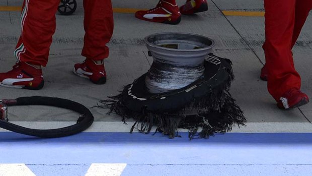 Exploded: the punctured tyre of Felipe Massa.