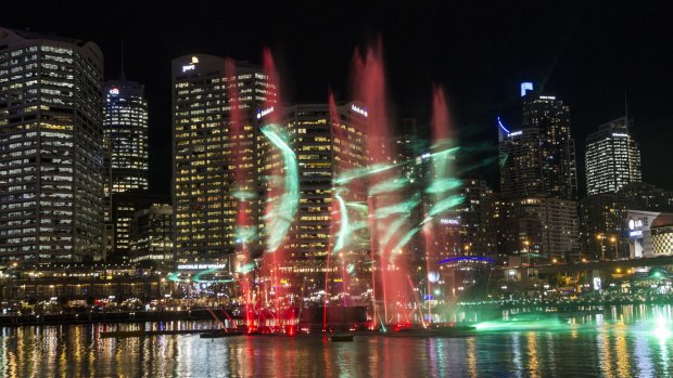 Darling Harbour's Laser Water Fountain makes a spectacular display.