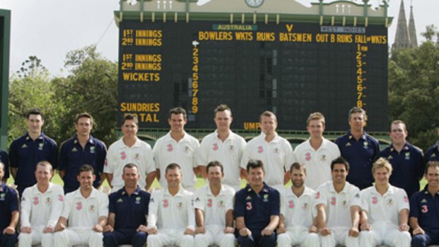 All smiles ... the Australians pose for their team photo at the Adelaide Oval yesterday. Doug Bollinger, middle of back row, will take the new ball.