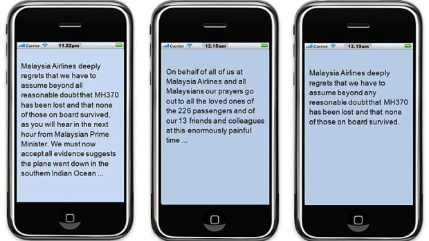The text messages sent to the families of passengers on Flight MH370 on Monday night and Tuesday morning.