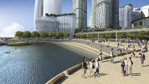 An artist's impression of the new plans for Barangaroo: the southern cove, looking north.