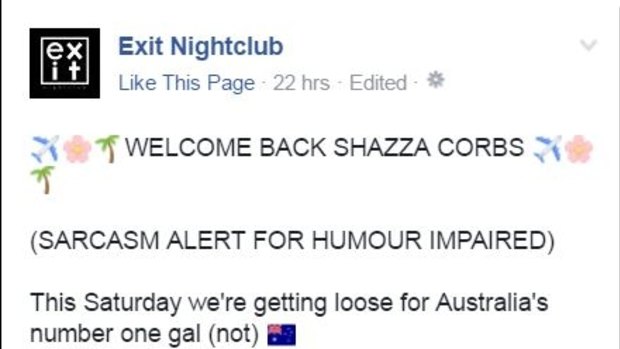 Exit Nightclub advertised the Welcome Back Schapelle Corby event on Facebook.