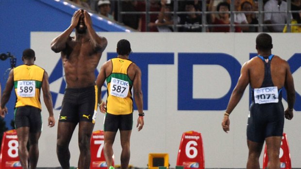 Unbelievable &#8230; Jamaica's Usain Bolt shows his frustration at being disqualified from the world championships last night.
