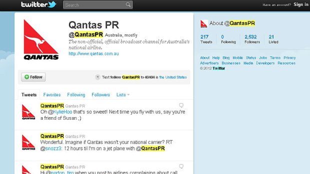 A screenshot of the QantasPR Twitter account before it was suspended.