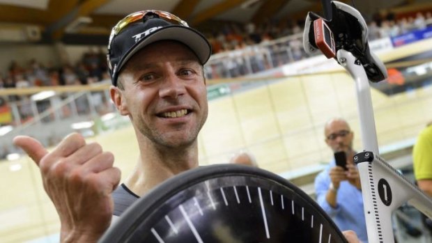 German cyclist Jens Voigt after he broke the world hour record at the Velodrome Suisse in Grenchen. 